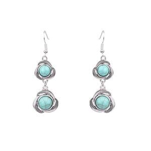 Ethnic Style Inlay Alloy Turquoise Drop‎ Earrings Boho Silver Round Retro Chic